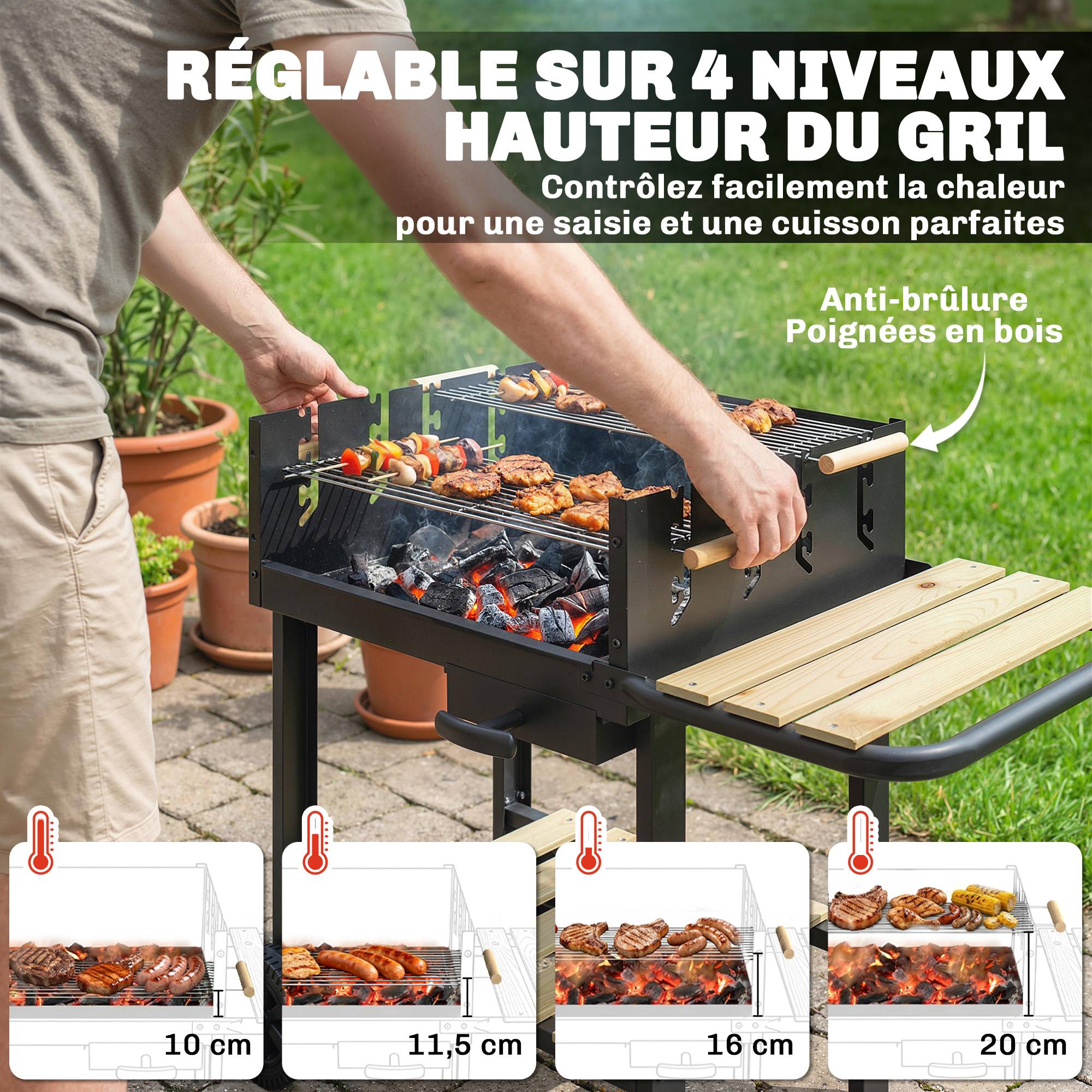 ComfortXL - Chariot barbecue charbon métal pour jardin grandes grilles réglables 100 cm noir - ComfortXL Outdoor Living - Image 7