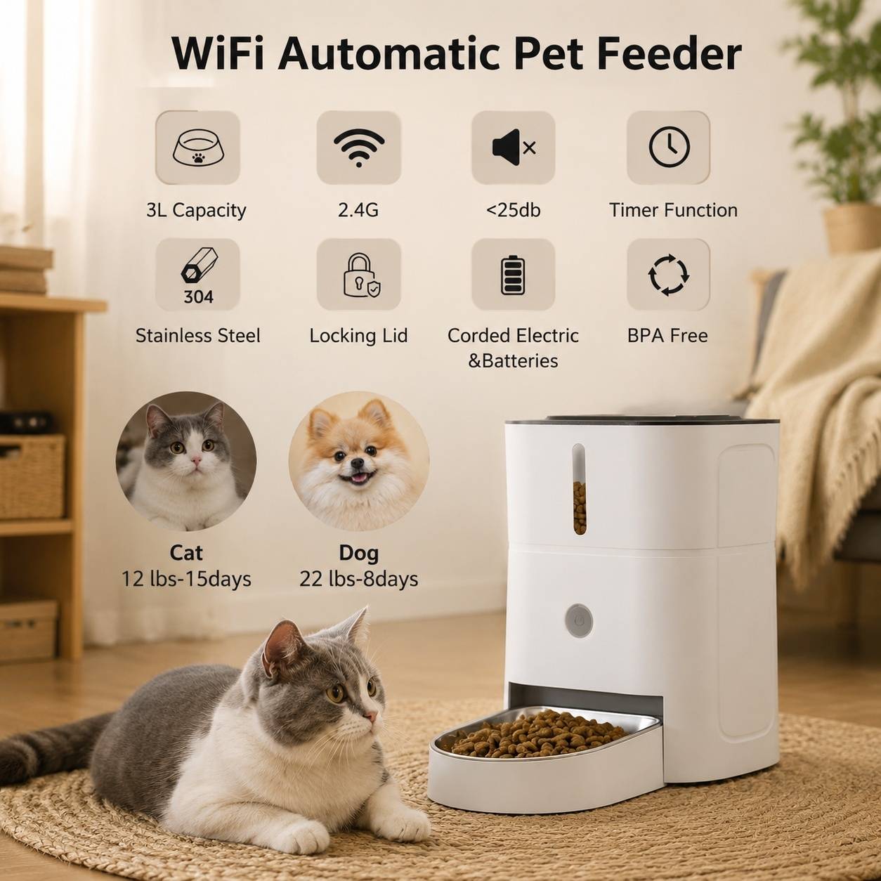 Distributeur Automatique de Nourriture pour Chat Wifi 2.4G 3L Contrôle APP 1 à 10 Repas Par Jour - Image 6