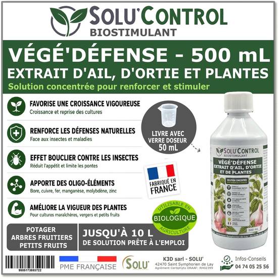 Tout pour les nuisibles - Biostimulant Concentré à l'Extrait d'Ail, d'Ortie et de Plantes Solu'Control Vége'Défense – 500 ml – Renforce les Défenses Naturelles des Plantes - Image 1