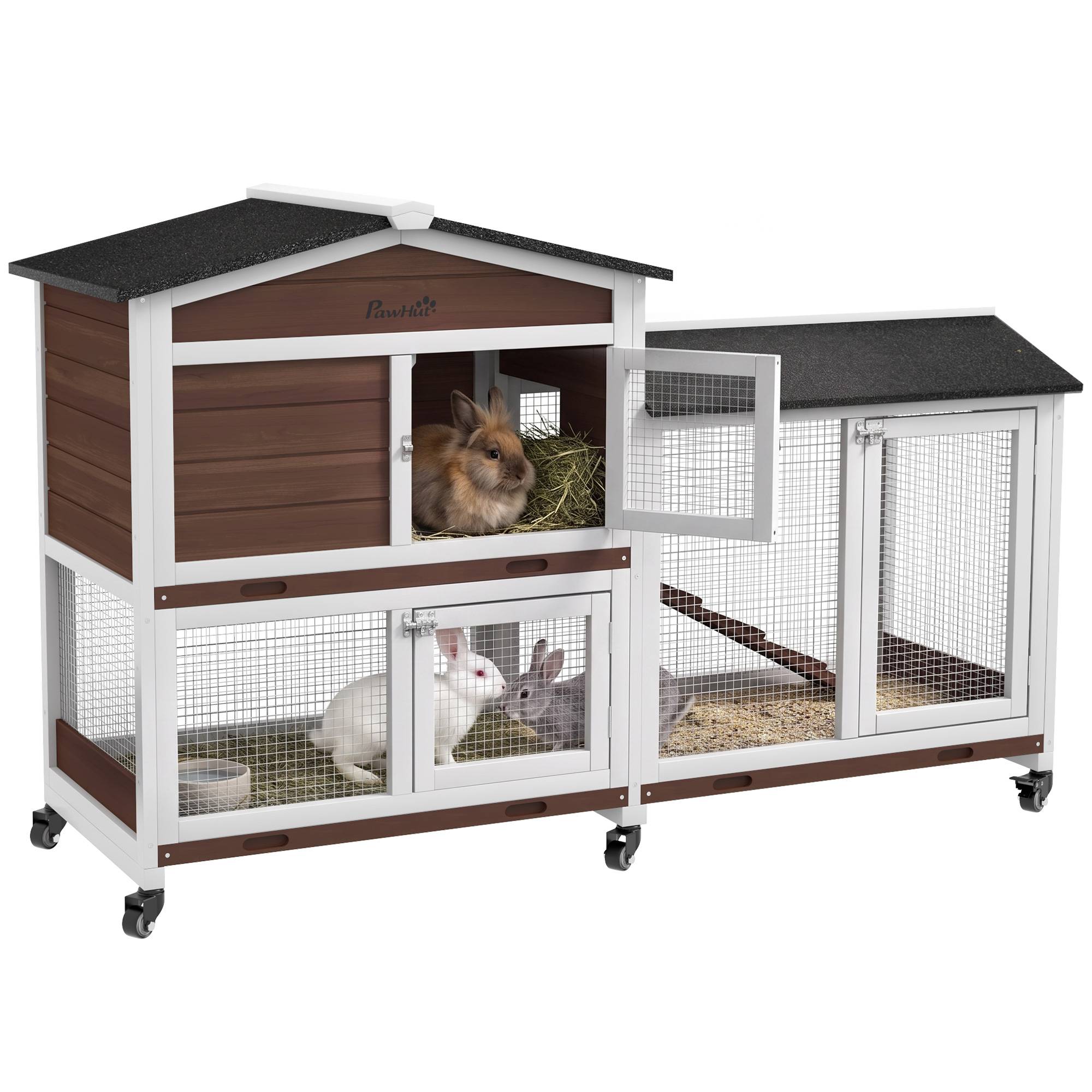 Cage petits animaux avec roues, lapins nains, enclos, toit bitume, bois, acier, brun - Image 1
