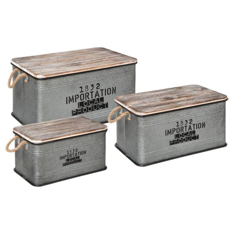 Lot de 3 malles métal gris plateau bois Atmosphera - Image 1