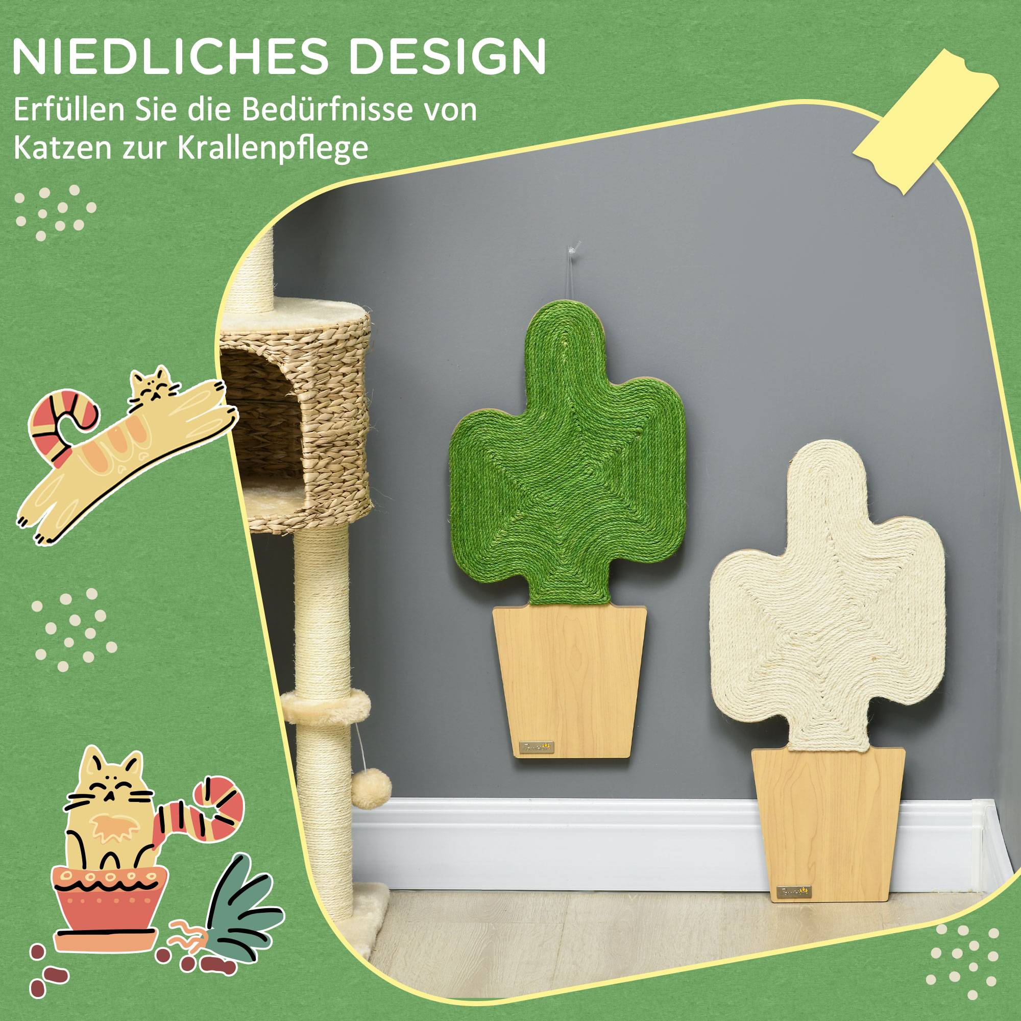Lot de 2 griffoirs muraux chat en jute naturelle intérieur design cactus 30x60cm vert - ComfortXL Outdoor Living - Image 6
