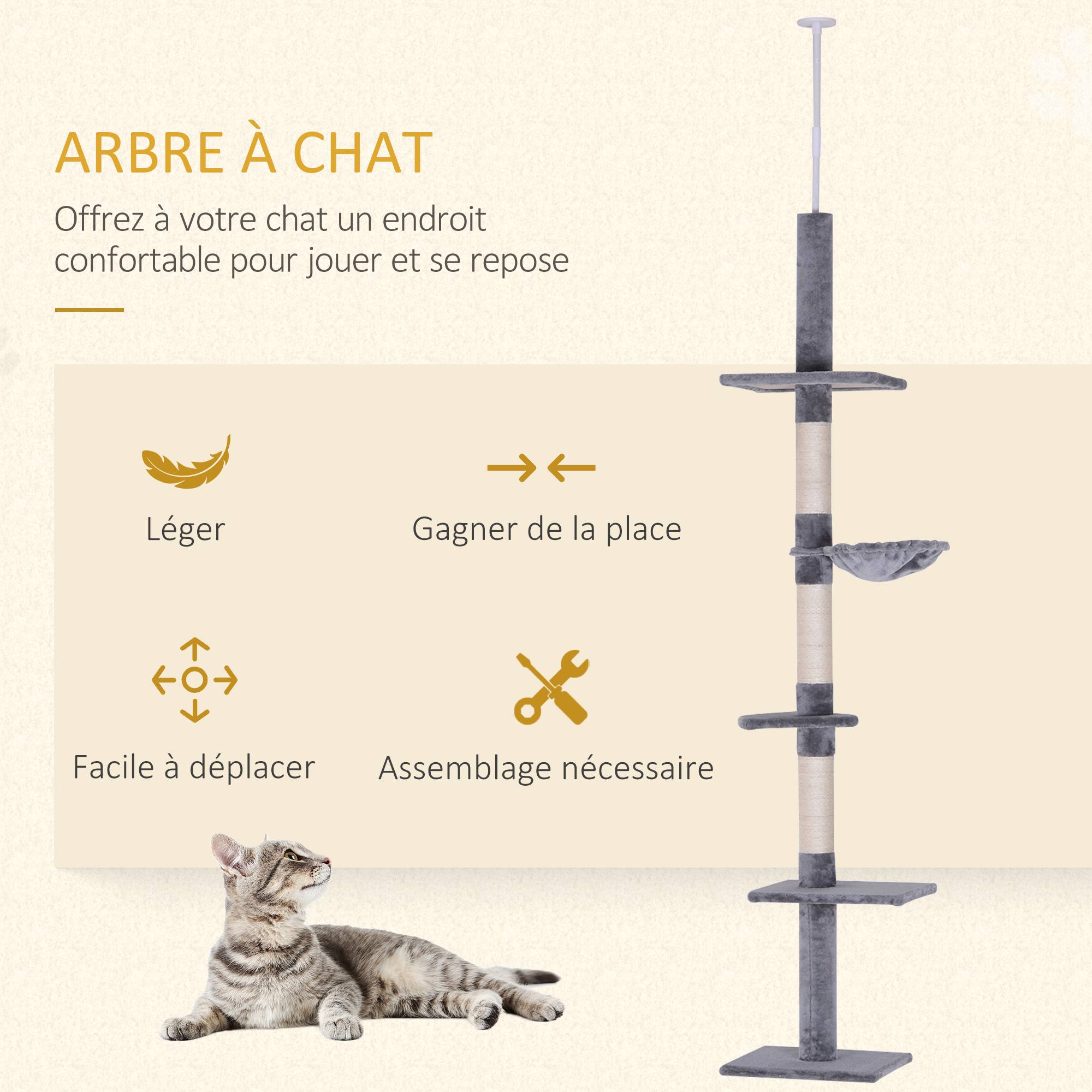 Arbre à chat Panneau particules Pour chats Escalade 230-260cm Gris - ComfortXL Outdoor Living - Image 6