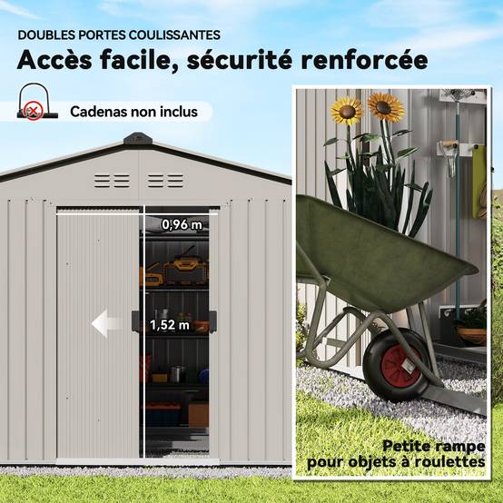 Abri de jardin 5,4 m² dim. 2,77 x 1,95 x 1,92 m fondation incluse porte coulissante ventilations tôle acier, anthracite - Image 8
