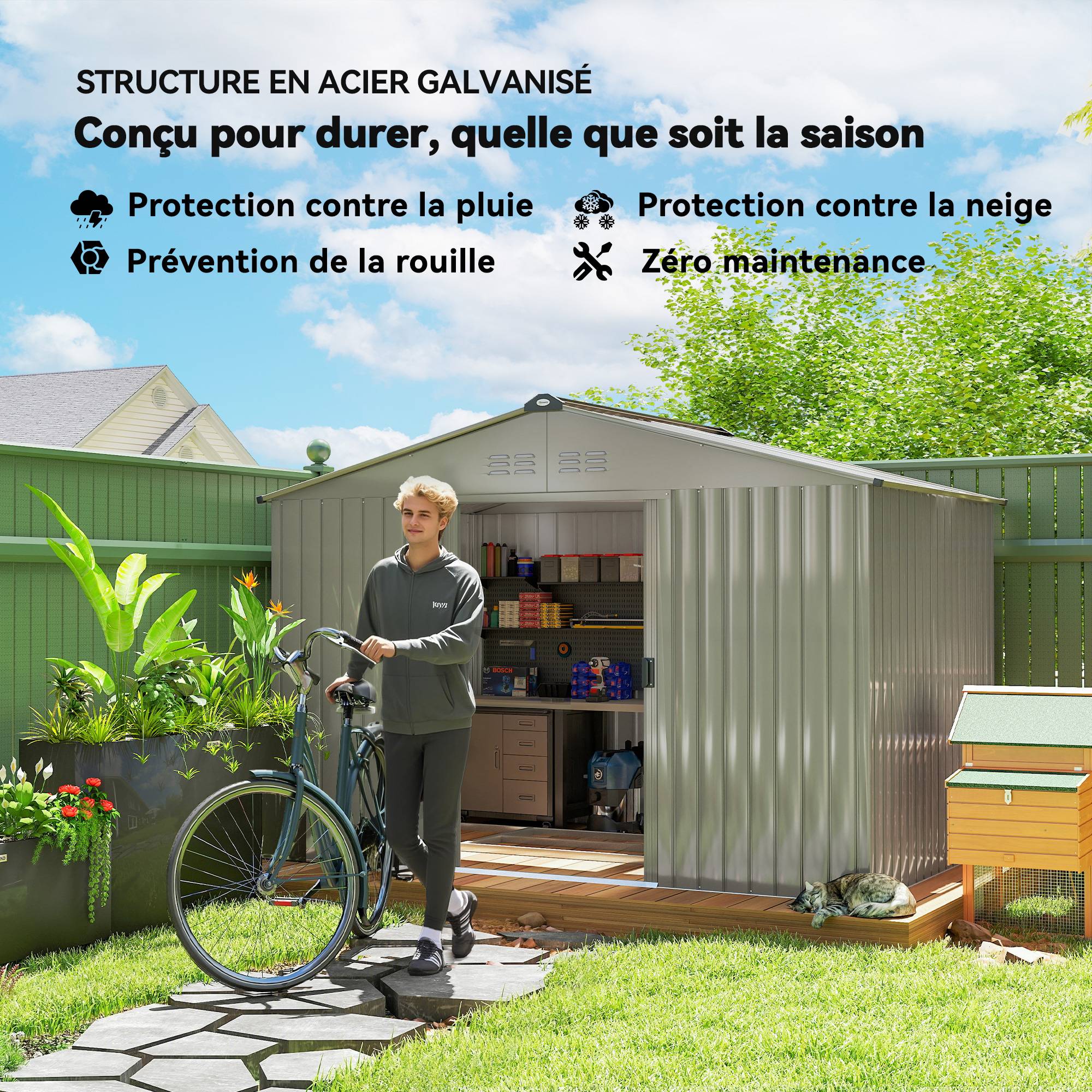 Abri de jardin 5,4 m² dim. 2,77 x 1,95 x 1,92 m fondation incluse porte coulissante ventilations tôle acier, anthracite - Image 7