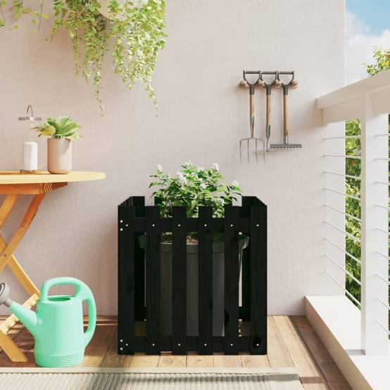 Maison Chic - Jardinière | Pot de fleurs | Cache-pot | Bac à fleurs avec design de clôture noir 60x60x60 cm pin massif - Image 2