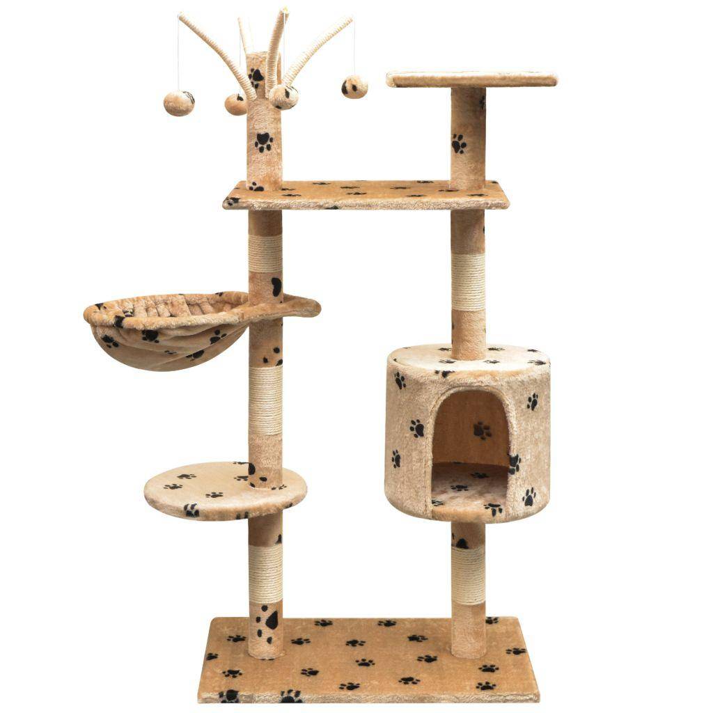Helloshop26 - Arbre à chat griffoir grattoir niche jouet animaux peluché et sisal 125 cm empreintes de pattes beige - Imagen 1