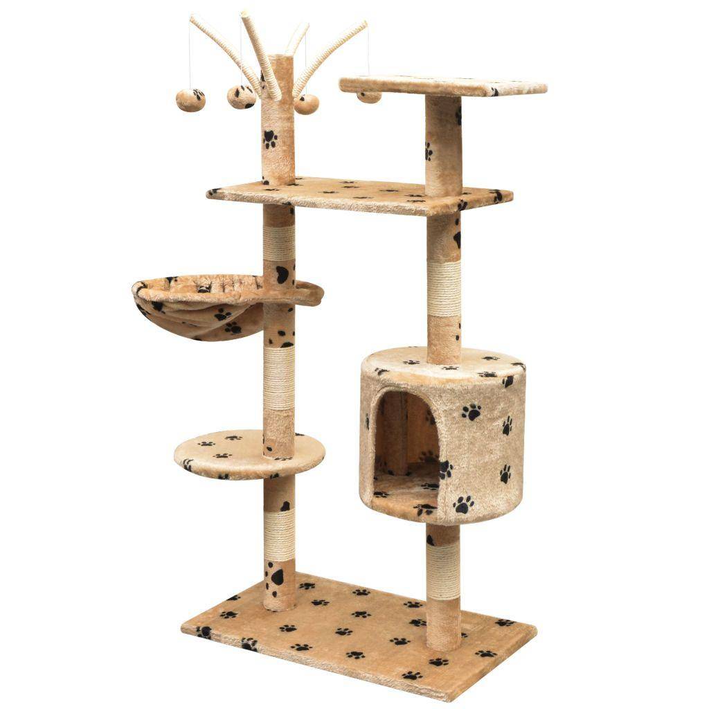 Helloshop26 - Arbre à chat griffoir grattoir niche jouet animaux peluché et sisal 125 cm empreintes de pattes beige - Imagen 2