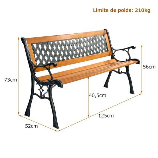 Helloshop26 - Banc de jardin avec bandes en bois pieds en fer dossier ergonomique et accoudoirs incurvés pour parc cour charge max 208 kg - Imagen 4