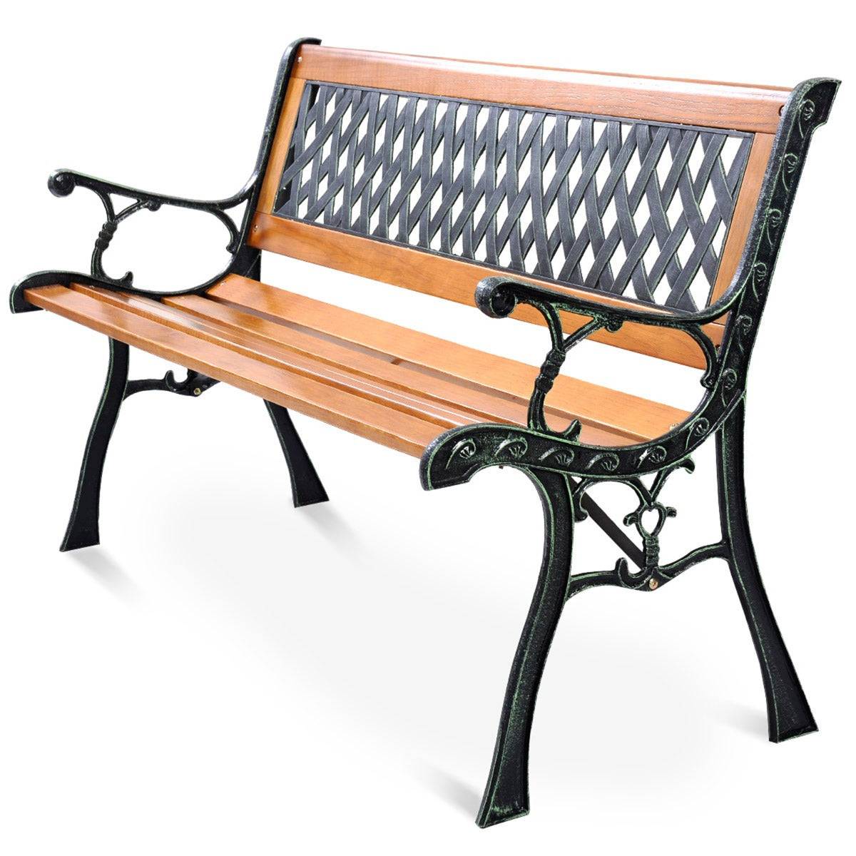 Helloshop26 - Banc de jardin avec bandes en bois pieds en fer dossier ergonomique et accoudoirs incurvés pour parc cour charge max 208 kg - Imagen 1