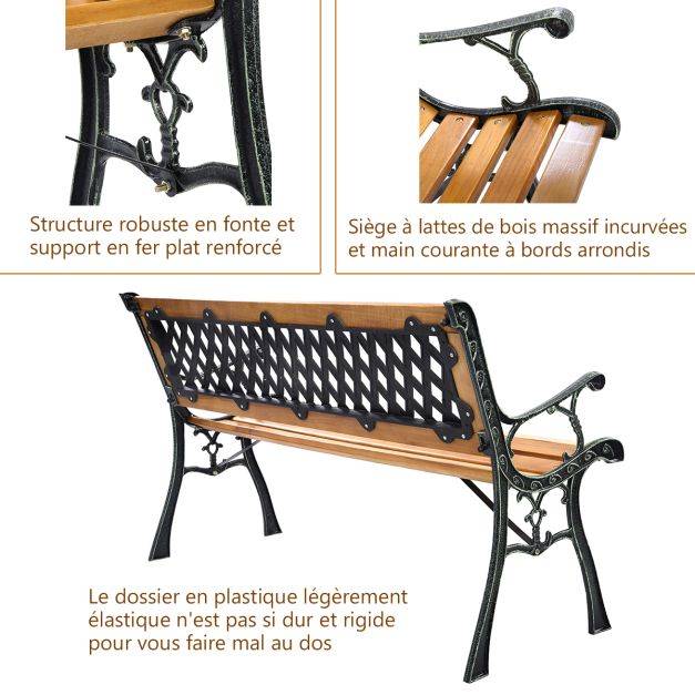 Helloshop26 - Banc de jardin avec bandes en bois pieds en fer dossier ergonomique et accoudoirs incurvés pour parc cour charge max 208 kg - Imagen 2