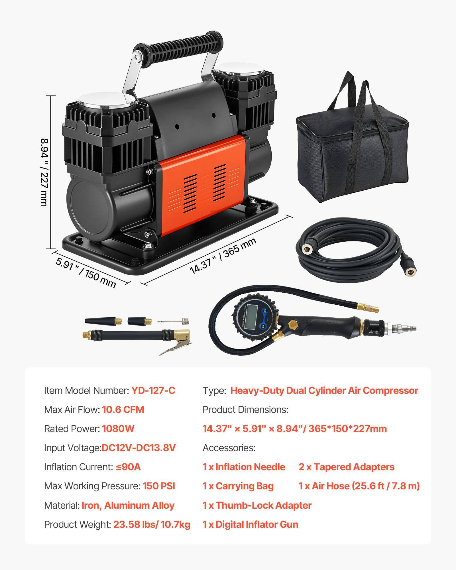 Vevor - VEVOR Compresseur 12 V double cylindre 300 L/min 1080 W, gonfleur numérique, tuyau 7,8 m, adaptateurs, sac de transport - Image 6