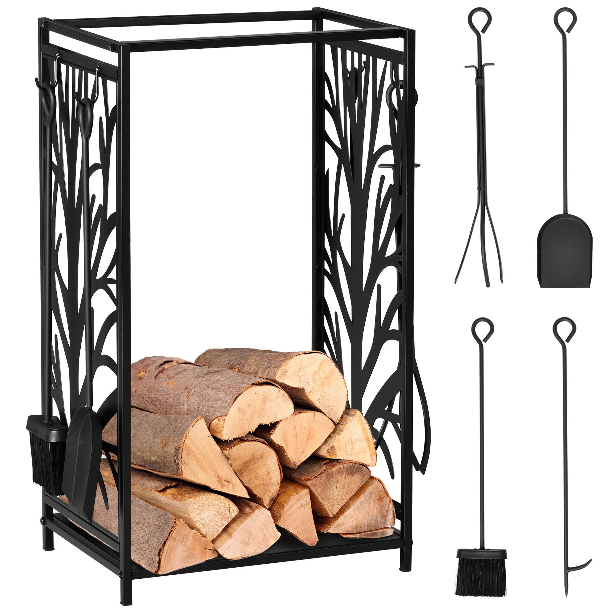 Porte bûches - Range bûches Serviteur de cheminée Arbre - Multi Accessoires étagère 46L x 29l x 70H cm Acier Noir
