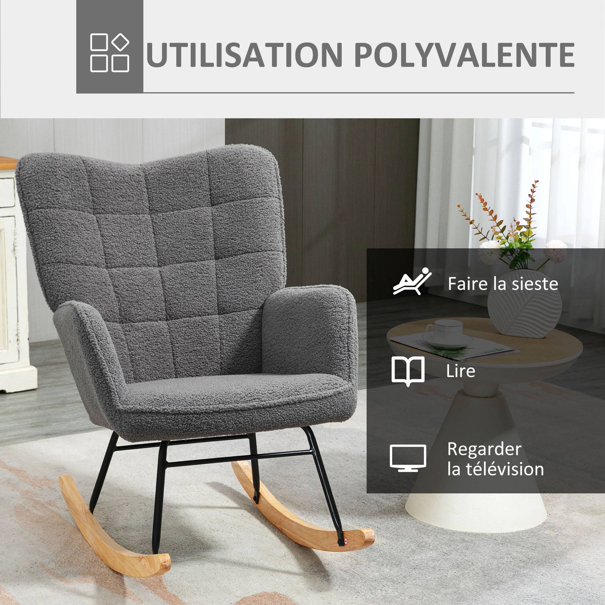 Sans Marque - Fauteuil à bascule rocking chair revêtement effet laine bouclée, structure en acier 71 x 98 x 101 cm Gris foncé - Image 8