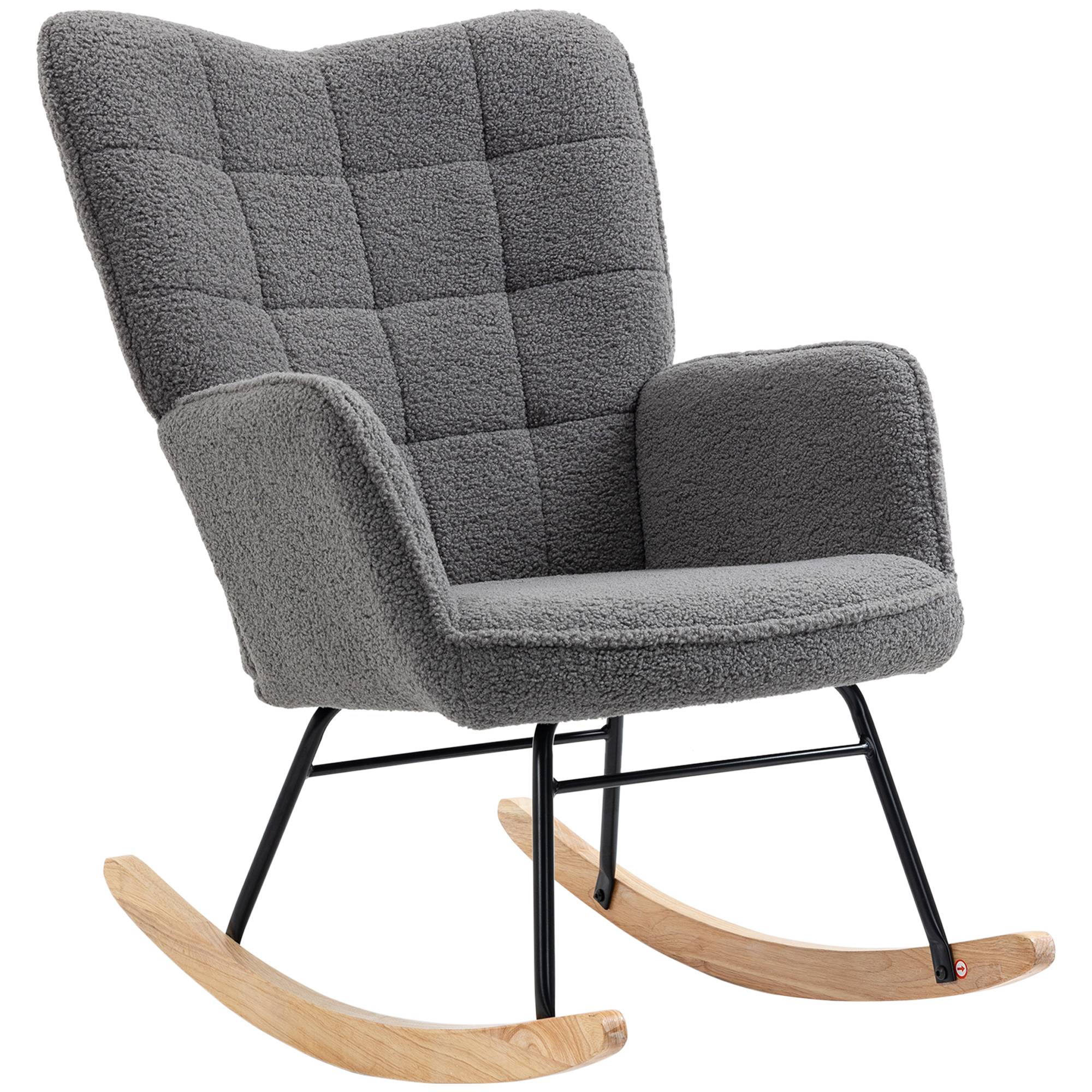 Sans Marque - Fauteuil à bascule rocking chair revêtement effet laine bouclée, structure en acier 71 x 98 x 101 cm Gris foncé - Image 2
