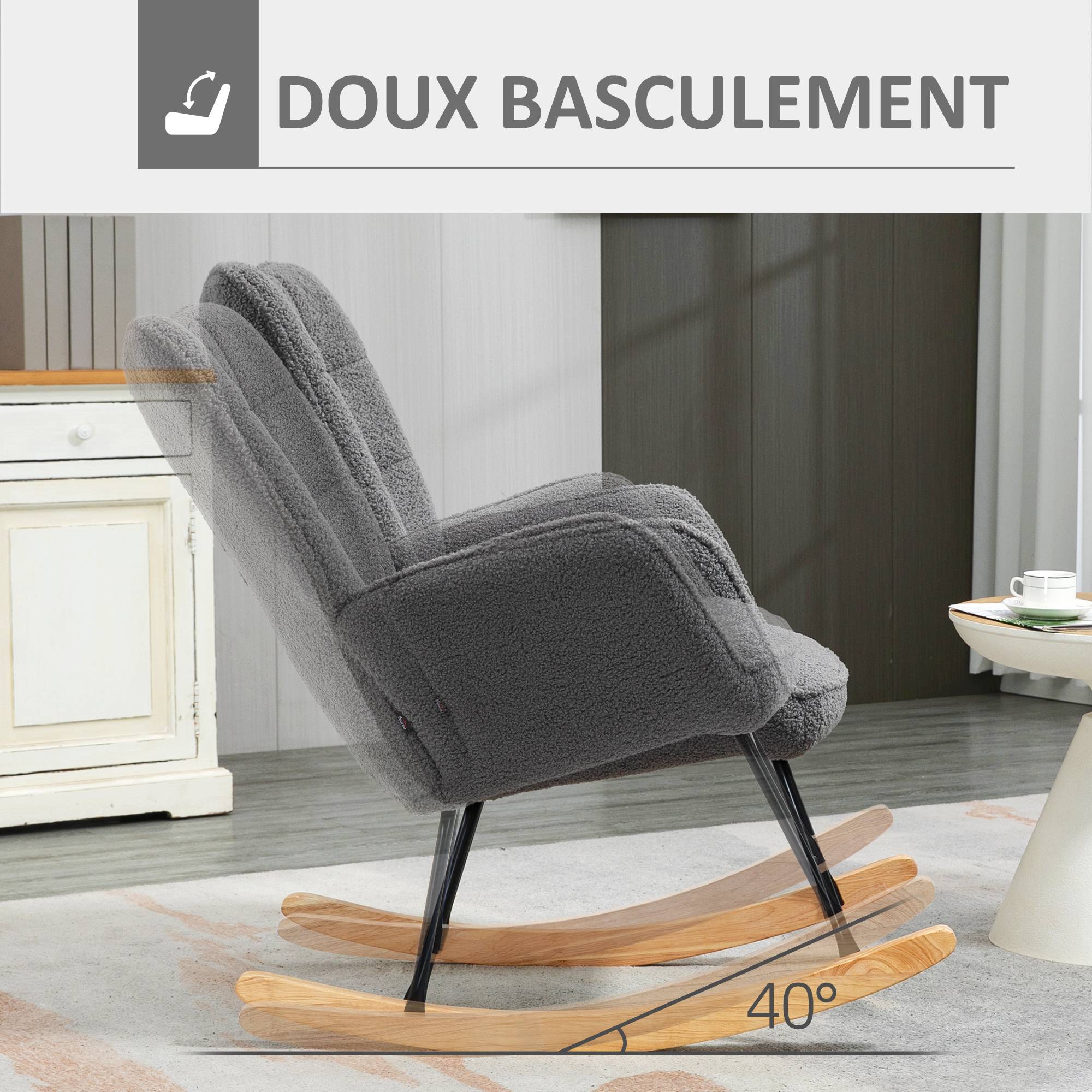Sans Marque - Fauteuil à bascule rocking chair revêtement effet laine bouclée, structure en acier 71 x 98 x 101 cm Gris foncé - Image 6