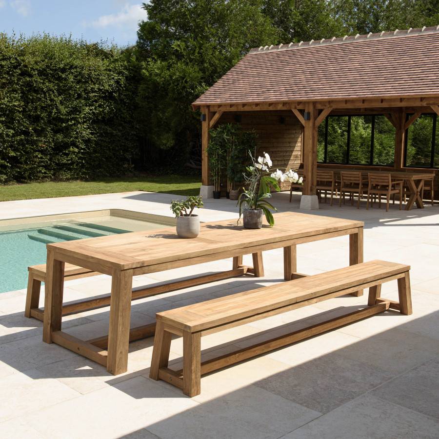 Macabane - KALLY - Salon de jardin 1 table et 2 bancs en teck recyclé - Imagen 2