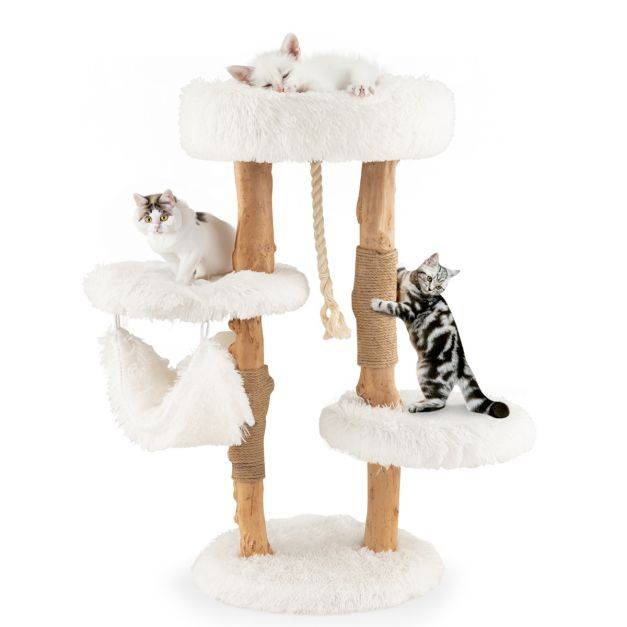 Arbre à chat en bois 87 cm avec hamac plusieurs plateformes tour à chat avec coussin moelleux corde en sisal suspendue blanc - Image 2