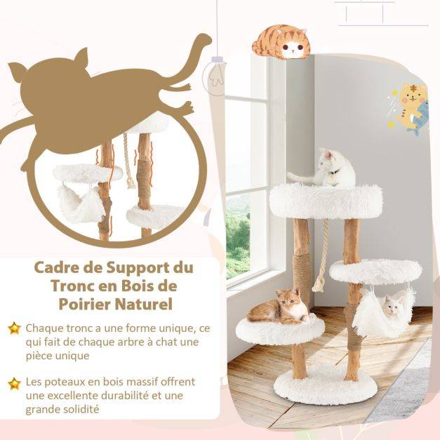 Arbre à chat en bois 87 cm avec hamac plusieurs plateformes tour à chat avec coussin moelleux corde en sisal suspendue blanc - Image 4