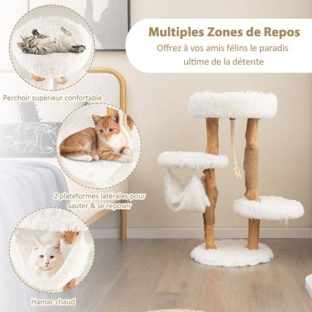 Arbre à chat en bois 87 cm avec hamac plusieurs plateformes tour à chat avec coussin moelleux corde en sisal suspendue blanc - Image 3