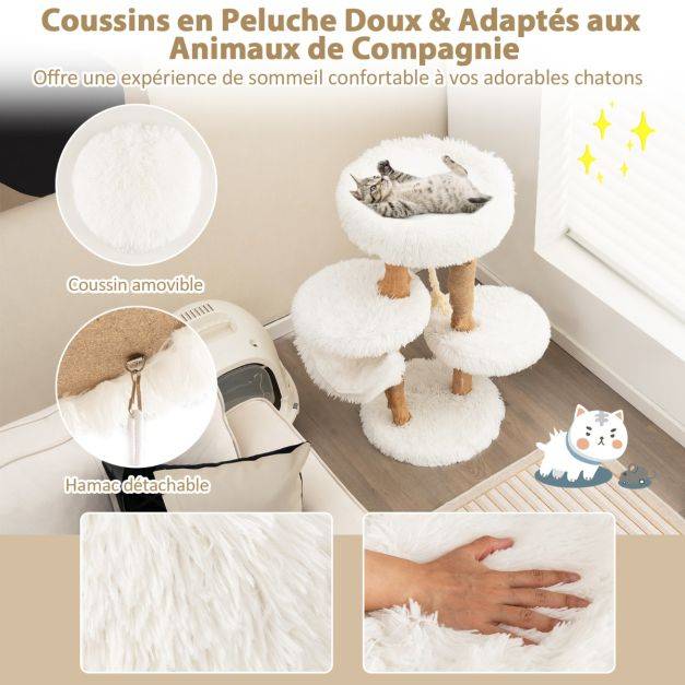 Arbre à chat en bois 87 cm avec hamac plusieurs plateformes tour à chat avec coussin moelleux corde en sisal suspendue blanc - Image 5