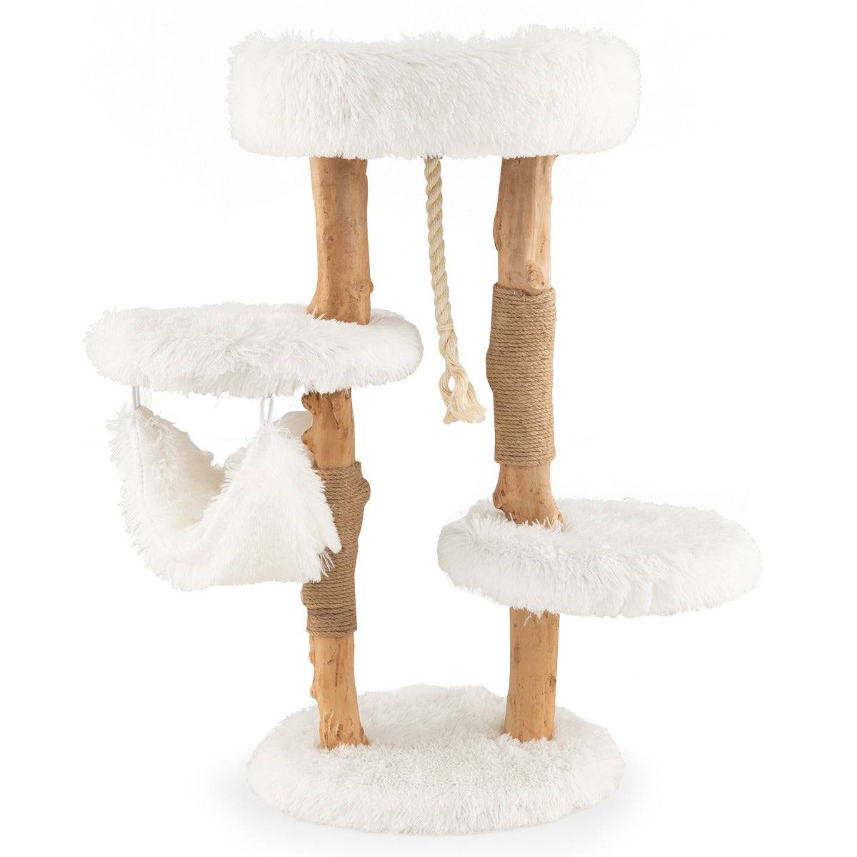 Arbre à chat en bois 87 cm avec hamac plusieurs plateformes tour à chat avec coussin moelleux corde en sisal suspendue blanc - Image 1