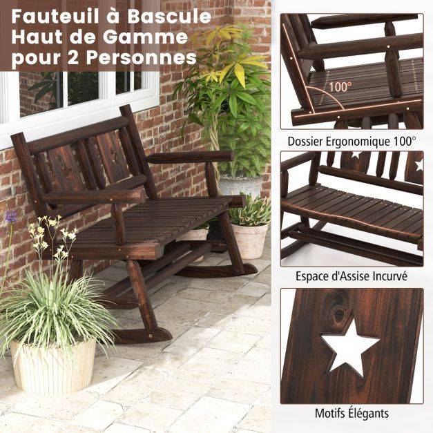 Helloshop26 - Banc à bascule de jardin en bois carbonisé 2 personnes siège à lattes dossier ergonomique charge 320 kg terrasse piscine marron rustique - Imagen 2
