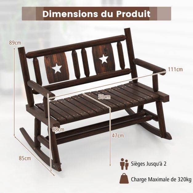 Helloshop26 - Banc à bascule de jardin en bois carbonisé 2 personnes siège à lattes dossier ergonomique charge 320 kg terrasse piscine marron rustique - Imagen 3