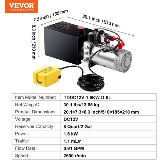 VEVOR Pompe hydraulique DC 12V 8L, débit 3.44 L/min, pression 22 MPa, pour camion benne, nacelle, remorque. - Image 7