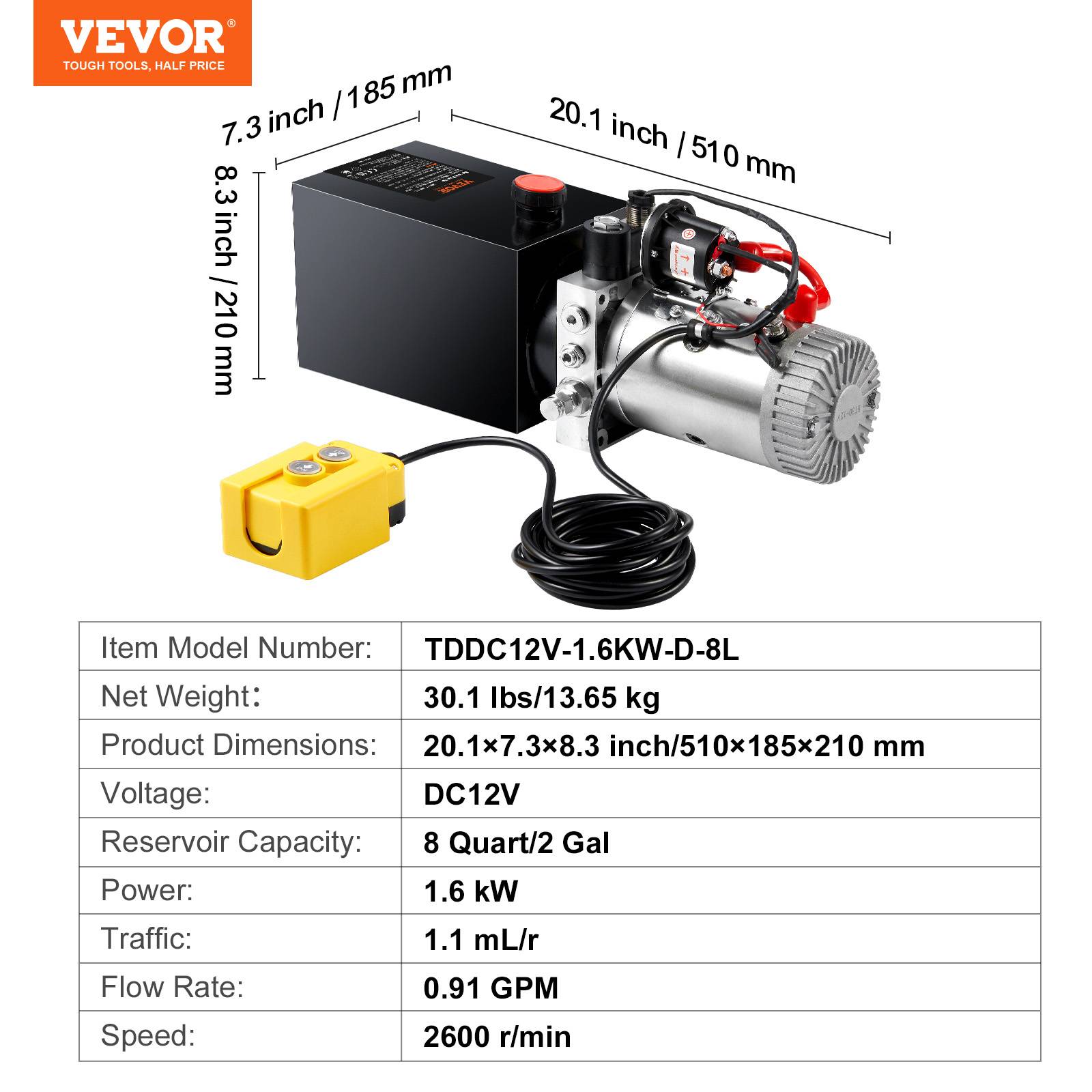 VEVOR Pompe hydraulique DC 12V 8L, débit 3.44 L/min, pression 22 MPa, pour camion benne, nacelle, remorque. - Image 7