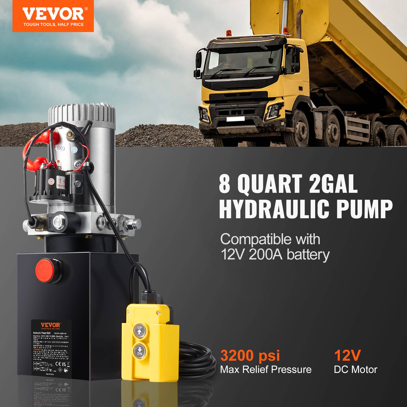 VEVOR Pompe hydraulique DC 12V 8L, débit 3.44 L/min, pression 22 MPa, pour camion benne, nacelle, remorque. - Image 2