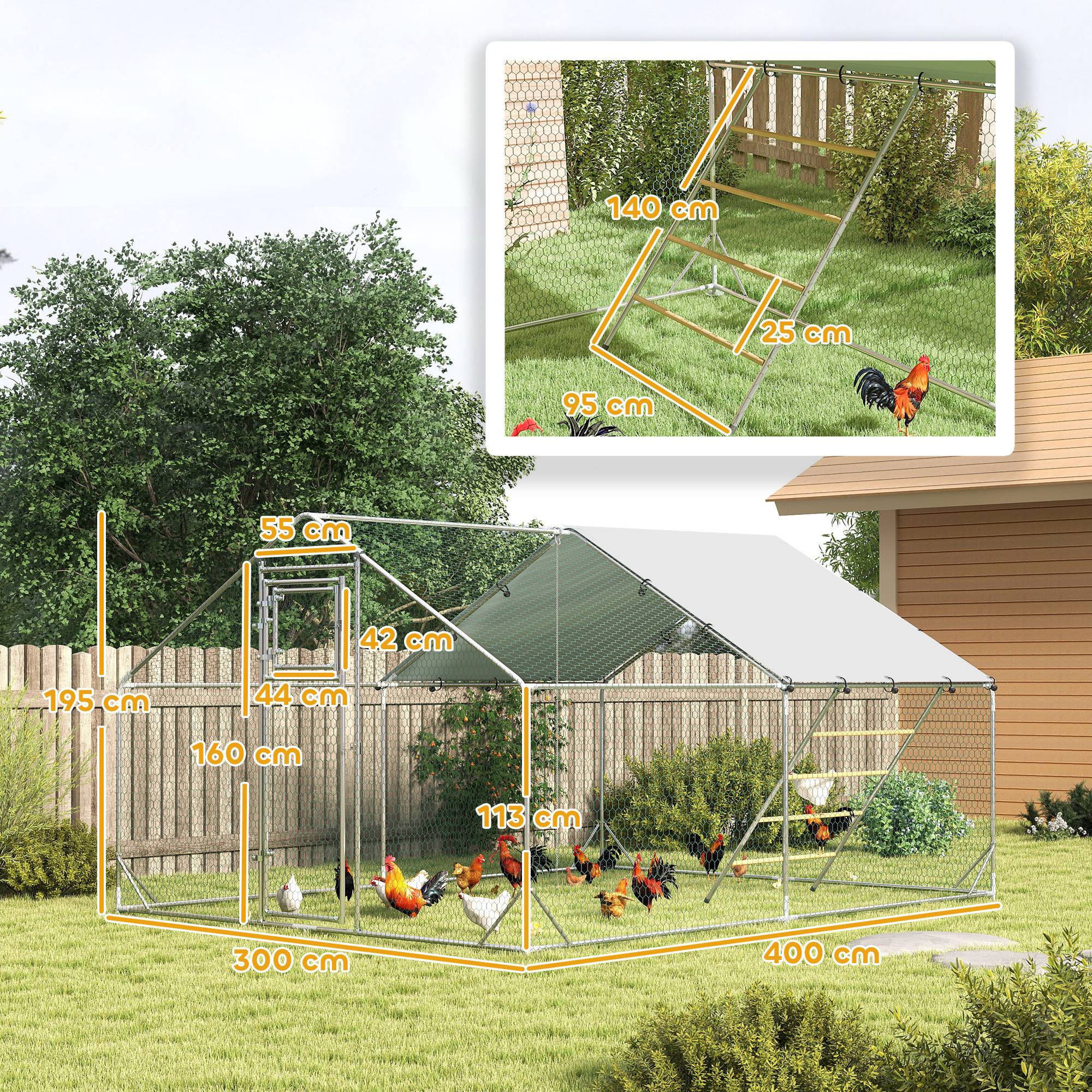 Poulailler de 12 m² pour 12 à 18 poules, avec toit étanche, mangeoire et perchoir, 3 x 4 x 1,9 m, argent - Image 5