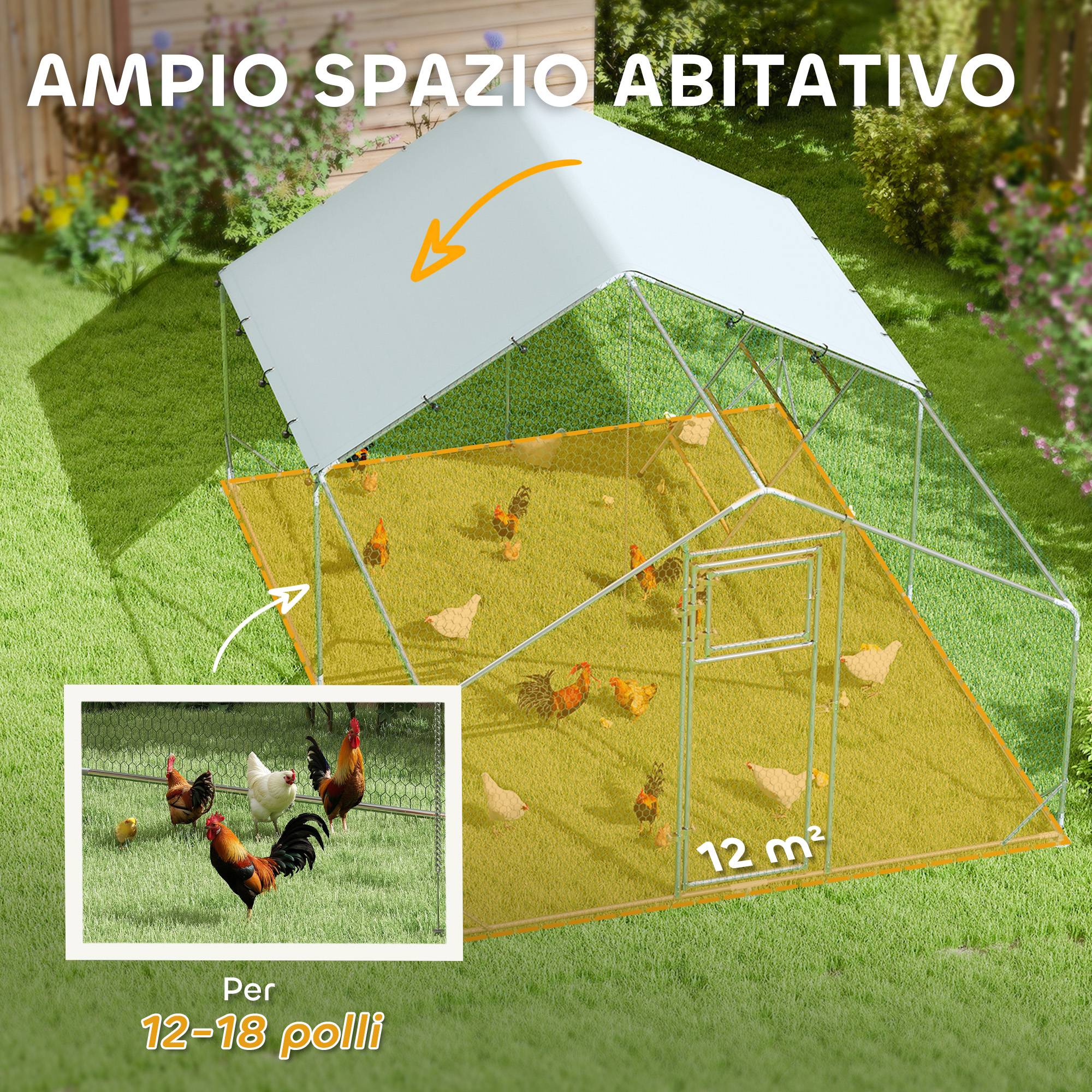 Poulailler de 12 m² pour 12 à 18 poules, avec toit étanche, mangeoire et perchoir, 3 x 4 x 1,9 m, argent - Image 6