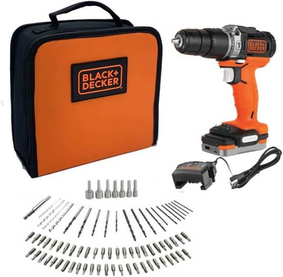 Perceuse visseuse à percussion sans fil 12 V + 80 accessoires + 1 batterie 1,5 Ah + 1 sac de transport - BLACK+DECKER - BDCHD12S1A-QW - Image 1