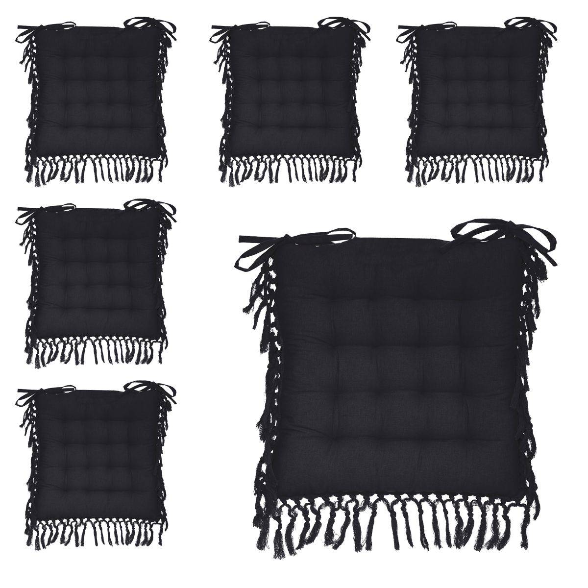 Lot de 6 Galettes de chaise en Coton Gris ardoise avec franges macramé 40 x 40 cm - Imagen 1