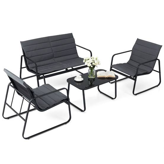 Ensemble de Mobilier d'Extérieur 4 Pièces Salon de Jardin avec Coussins et Table Basse en Verre Gris MAISON CHIC - Image 1