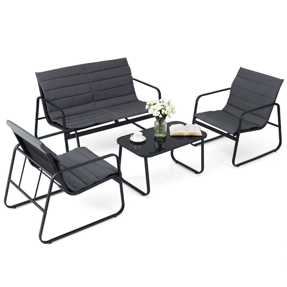 Ensemble de Mobilier d'Extérieur 4 Pièces Salon de Jardin avec Coussins et Table Basse en Verre Gris MAISON CHIC - Image 1