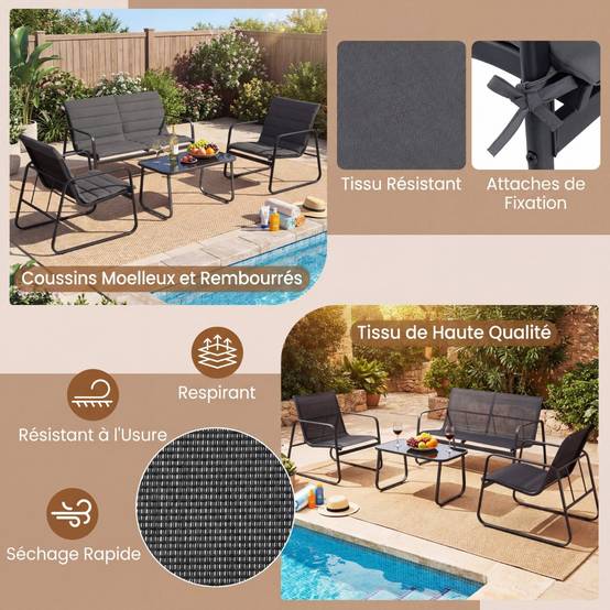 Ensemble de Mobilier d'Extérieur 4 Pièces Salon de Jardin avec Coussins et Table Basse en Verre Gris MAISON CHIC - Image 7