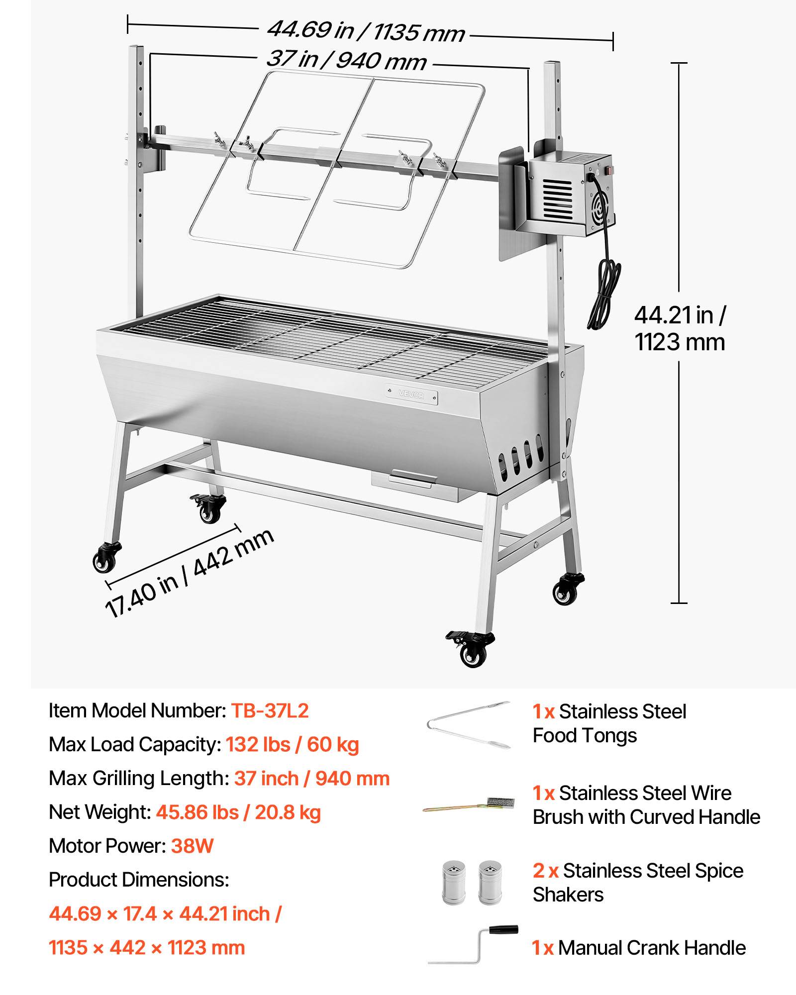 VEVOR Barbecue à Charbon avec Tournebroche Électrique Rôtissoire 38W Charge 60kg - Image 7