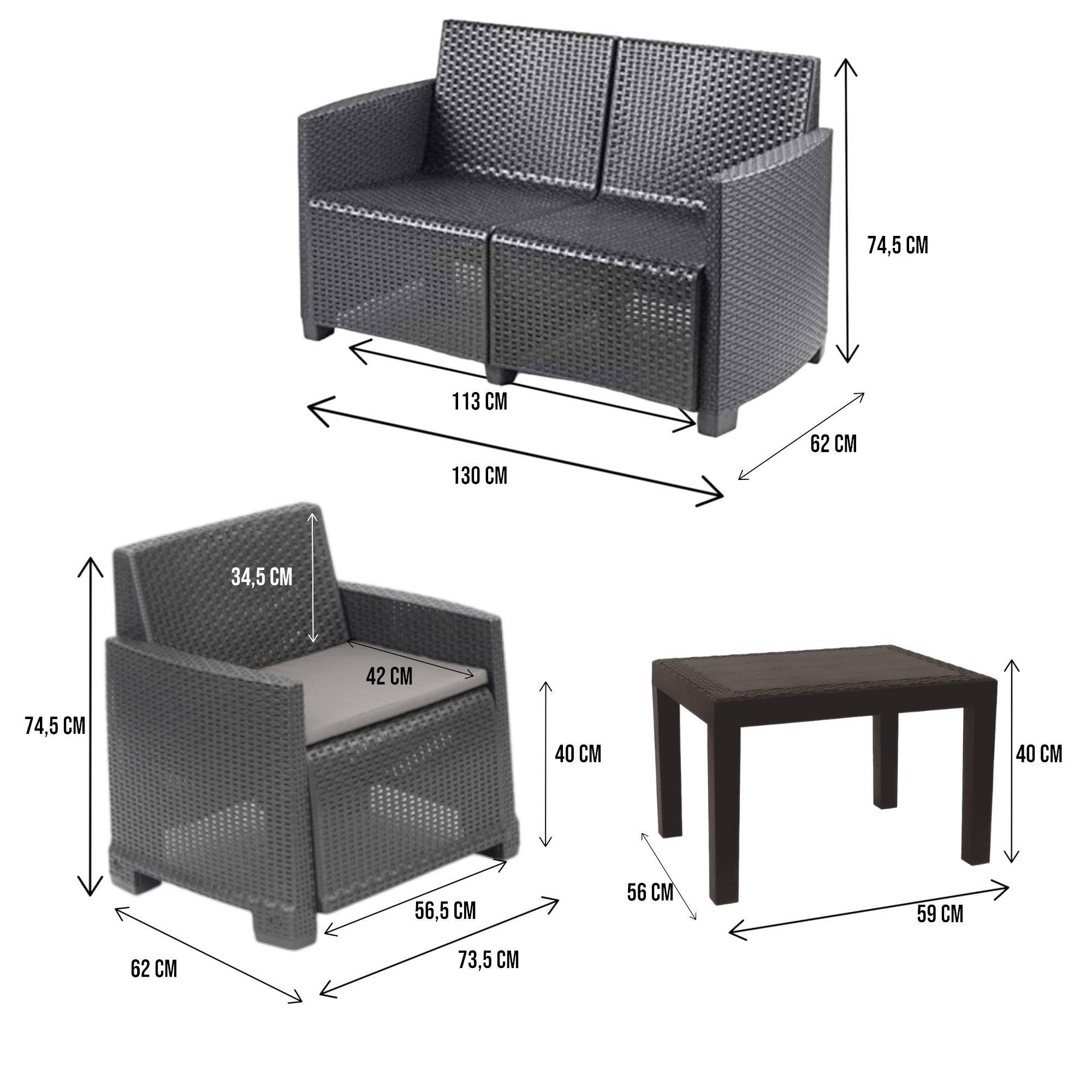 Dmora - Ensemble de salon d'extérieur Vieste, Composition de jardin avec 2 fauteuils, 1 canapé et 1 table basse, Effet rotin avec coussins, Anthracite - Dmora - Imagen 3