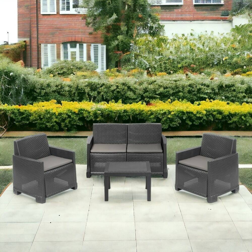 Dmora - Ensemble de salon d'extérieur Vieste, Composition de jardin avec 2 fauteuils, 1 canapé et 1 table basse, Effet rotin avec coussins, Anthracite - Dmora - Imagen 5