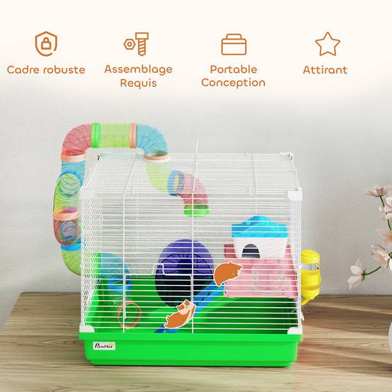 Cage rongeurs métal 2 niveaux tunnel équipements complets transport 46x30x37cm vert - ComfortXL Outdoor Living - Image 9