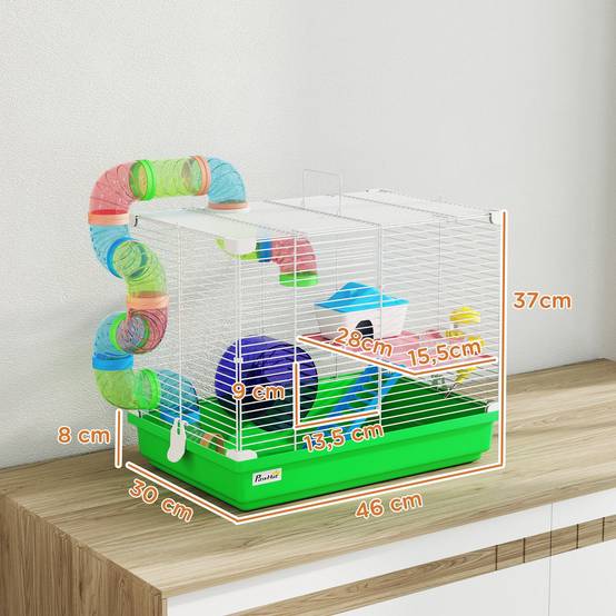 Cage rongeurs métal 2 niveaux tunnel équipements complets transport 46x30x37cm vert - ComfortXL Outdoor Living - Image 5