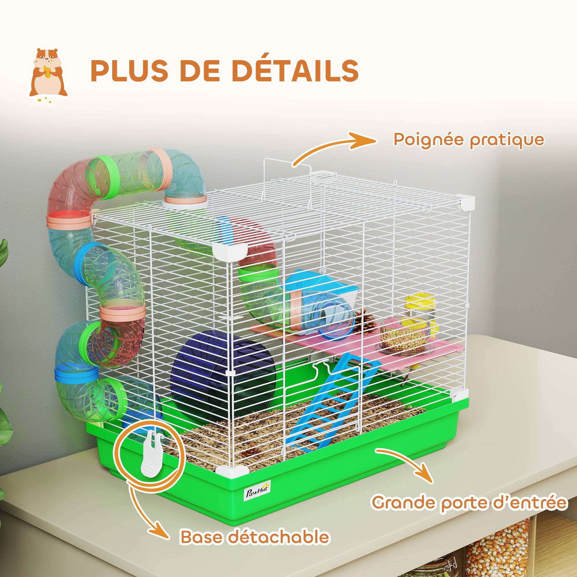 Cage rongeurs métal 2 niveaux tunnel équipements complets transport 46x30x37cm vert - ComfortXL Outdoor Living - Image 8
