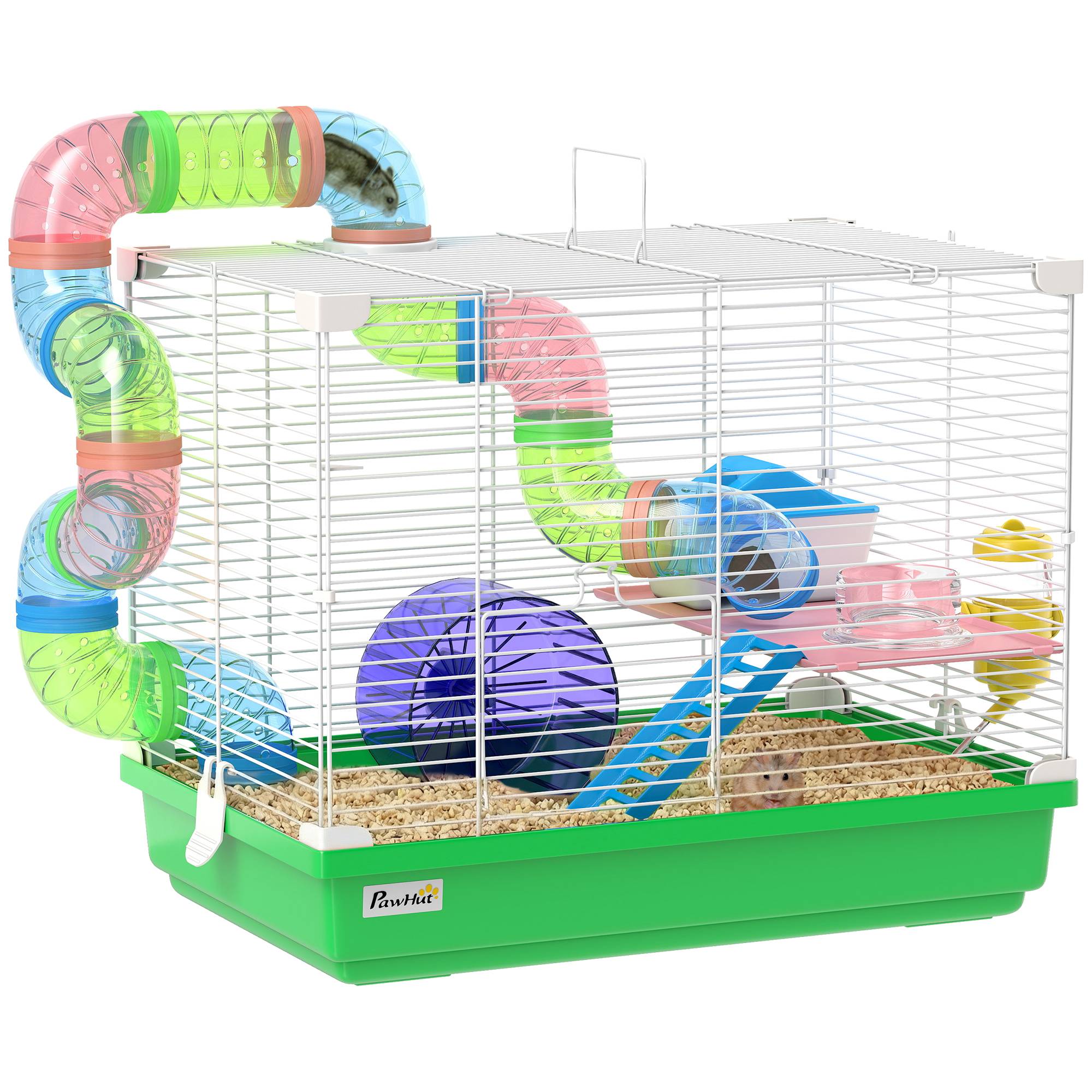 Cage rongeurs métal 2 niveaux tunnel équipements complets transport 46x30x37cm vert - ComfortXL Outdoor Living - Image 1