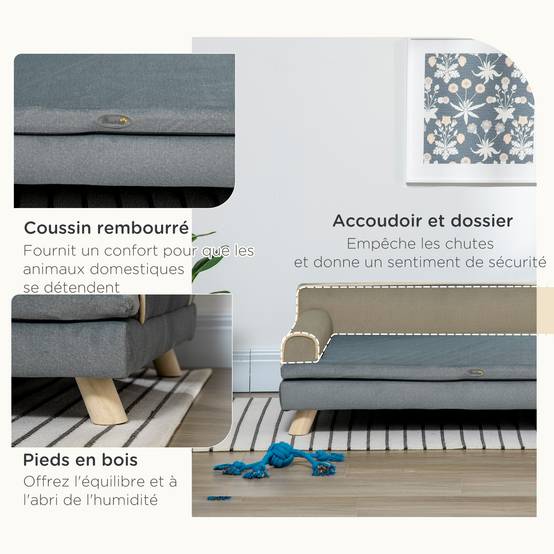 Canapé pour chien chat design scandinave coussin moelleux amovible pieds bois massif 100 x 62 x 32 cm gris - Image 8
