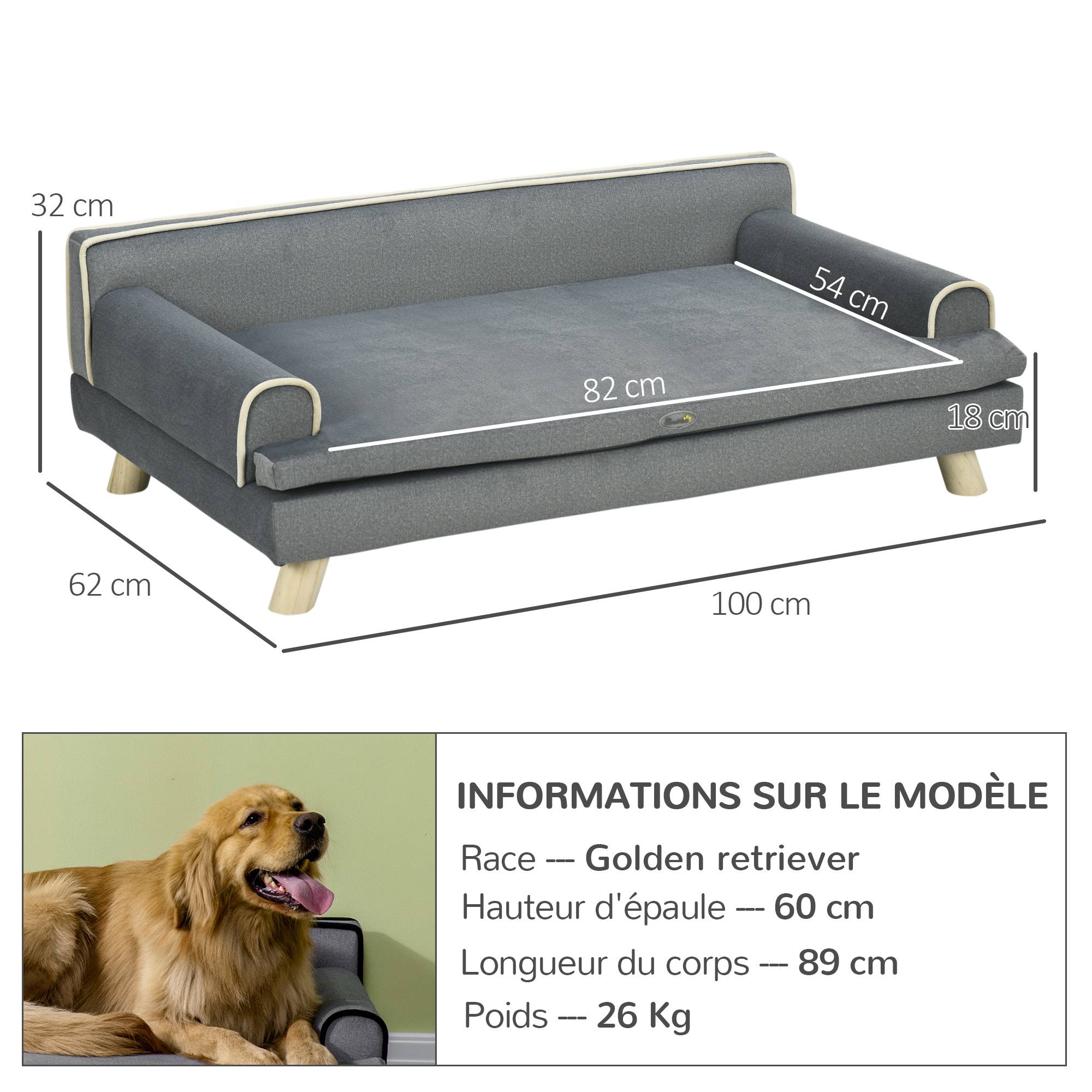 Canapé pour chien chat design scandinave coussin moelleux amovible pieds bois massif 100 x 62 x 32 cm gris - Image 5