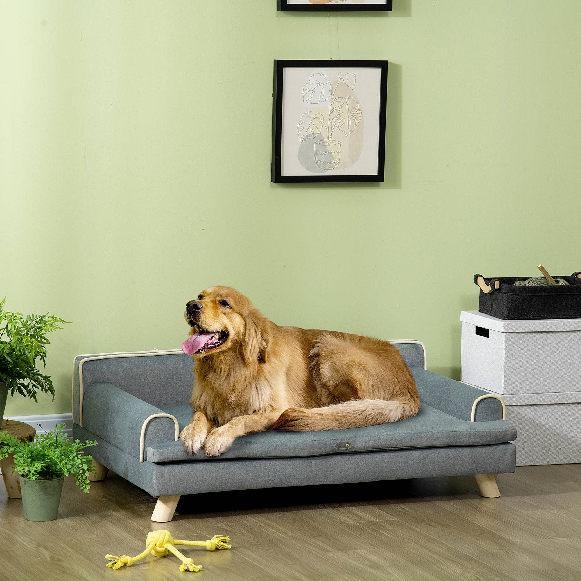 Canapé pour chien chat design scandinave coussin moelleux amovible pieds bois massif 100 x 62 x 32 cm gris - Image 4