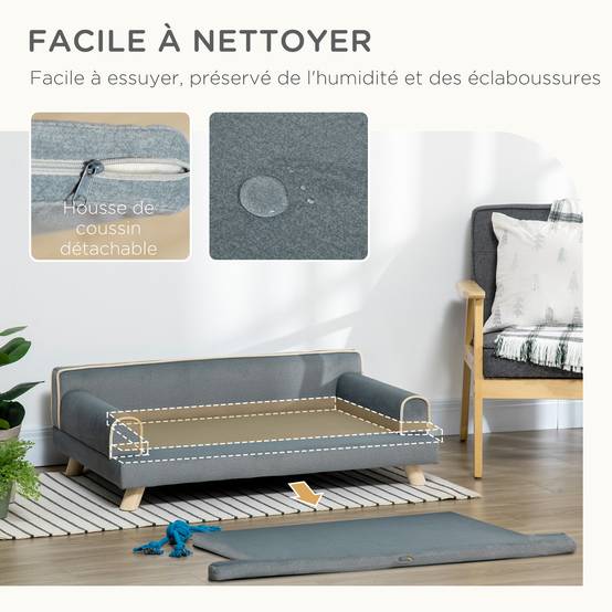 Canapé pour chien chat design scandinave coussin moelleux amovible pieds bois massif 100 x 62 x 32 cm gris - Image 7