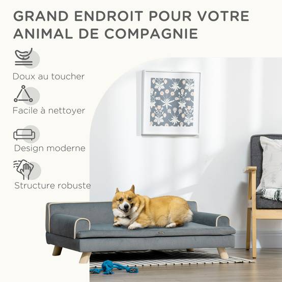 Canapé pour chien chat design scandinave coussin moelleux amovible pieds bois massif 100 x 62 x 32 cm gris - Image 9